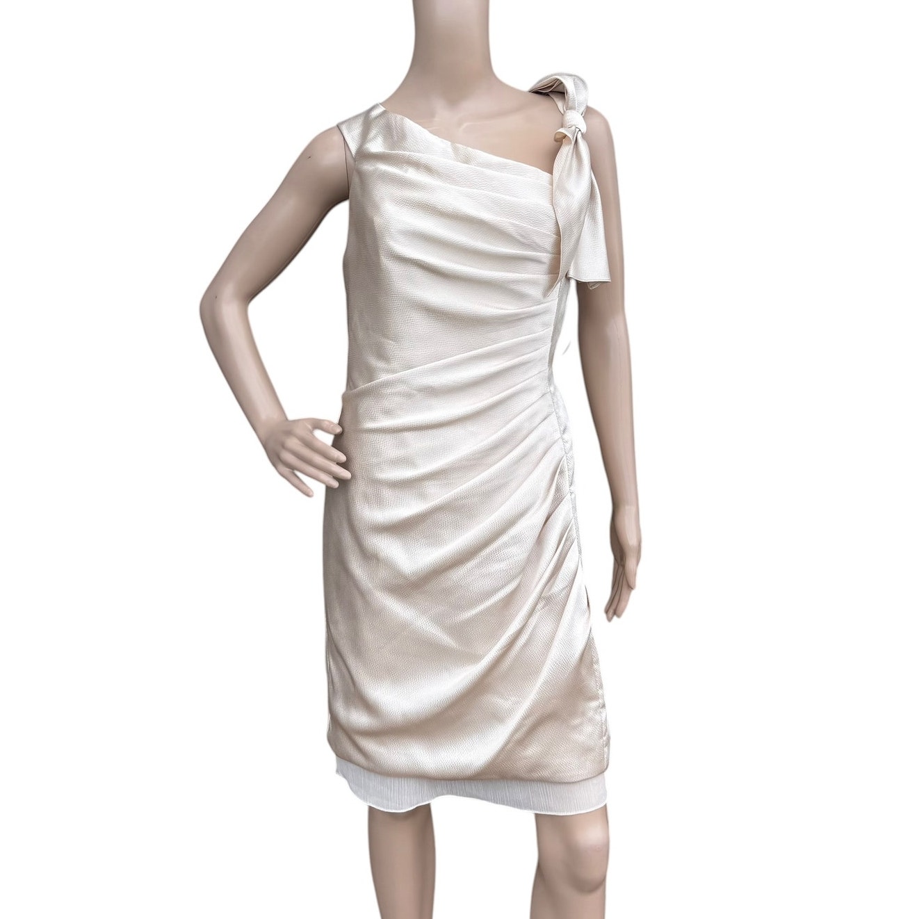 White By Vera Wang Champagne Asymmetrical Bow Pleated Dress Nwt 10